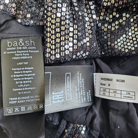 New BA&SH Mae Sequin Top Long Sleeve V Neck Peplum Party Sparkle Noir Black XS - Picture 17 of 17